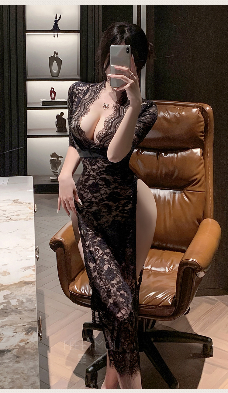 6363深V高开衩透视蕾丝长裙(图9)