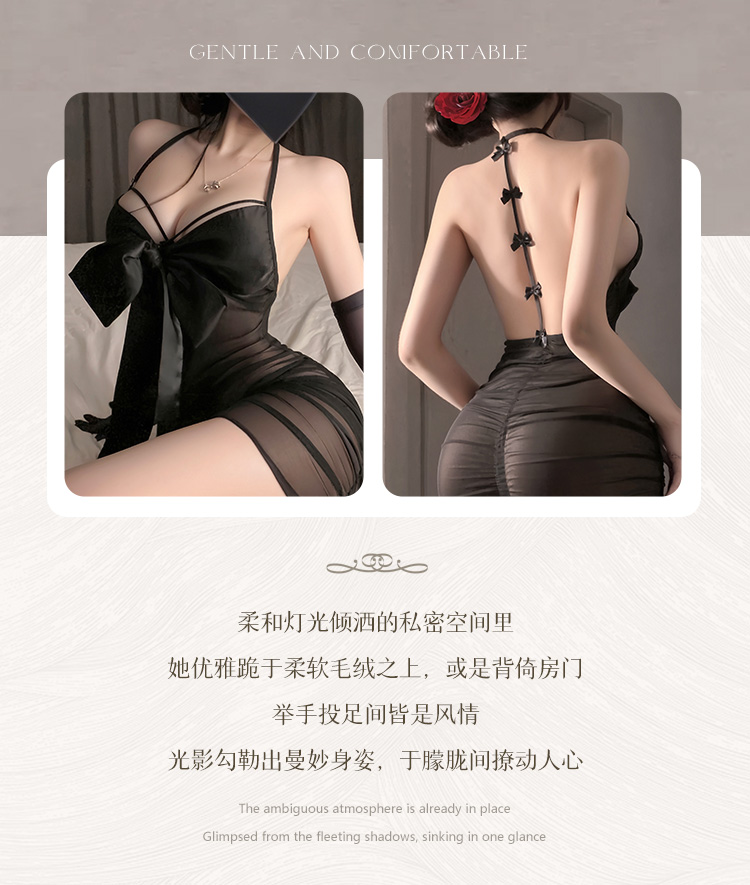 7875蝴蝶结装饰抽褶透纱睡裙(图3)
