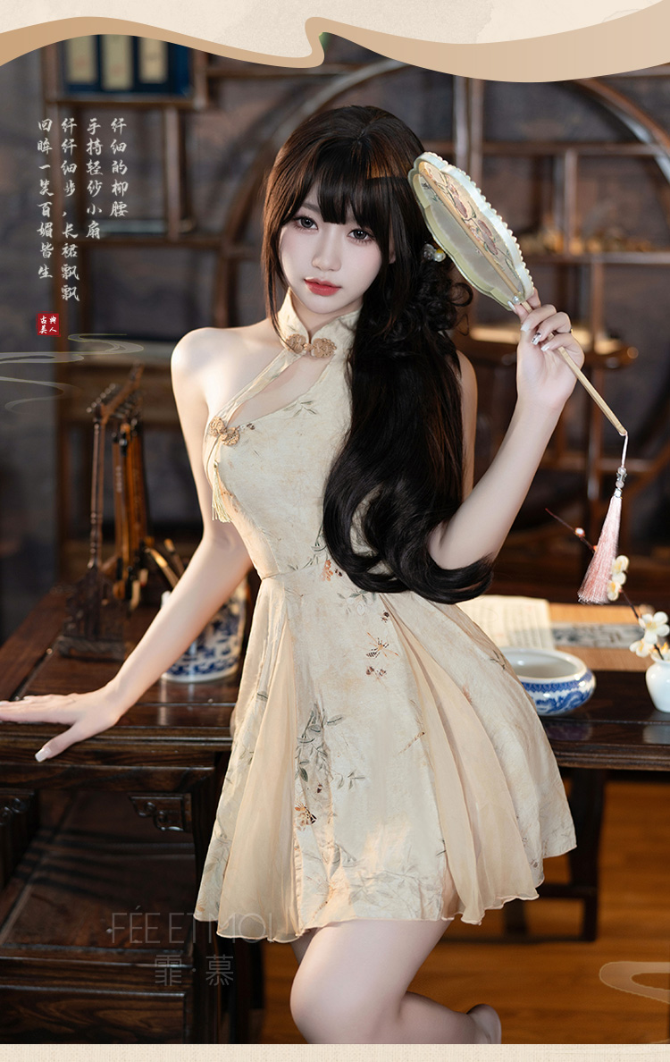 6246新中式A字露臀印花旗袍(图3)