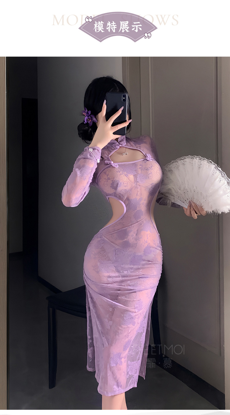 6722紫魅蕾丝露腰透视旗袍(图7)
