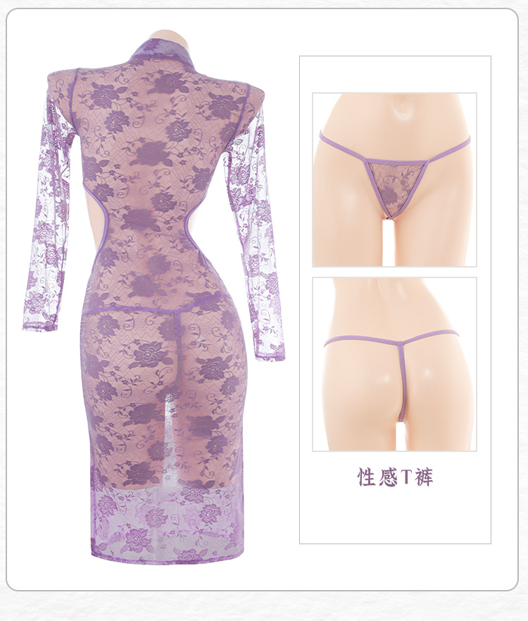 6722紫魅蕾丝露腰透视旗袍(图13)