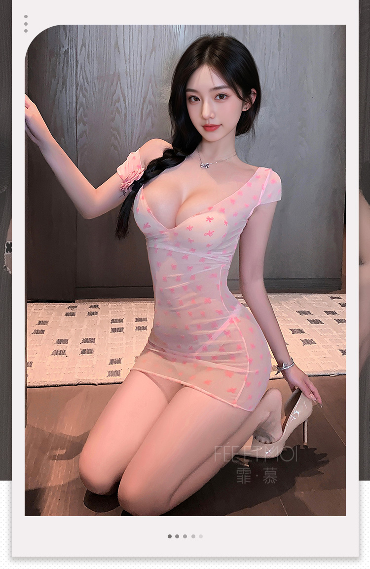 7802粉色植绒甜美落肩睡裙(图2)