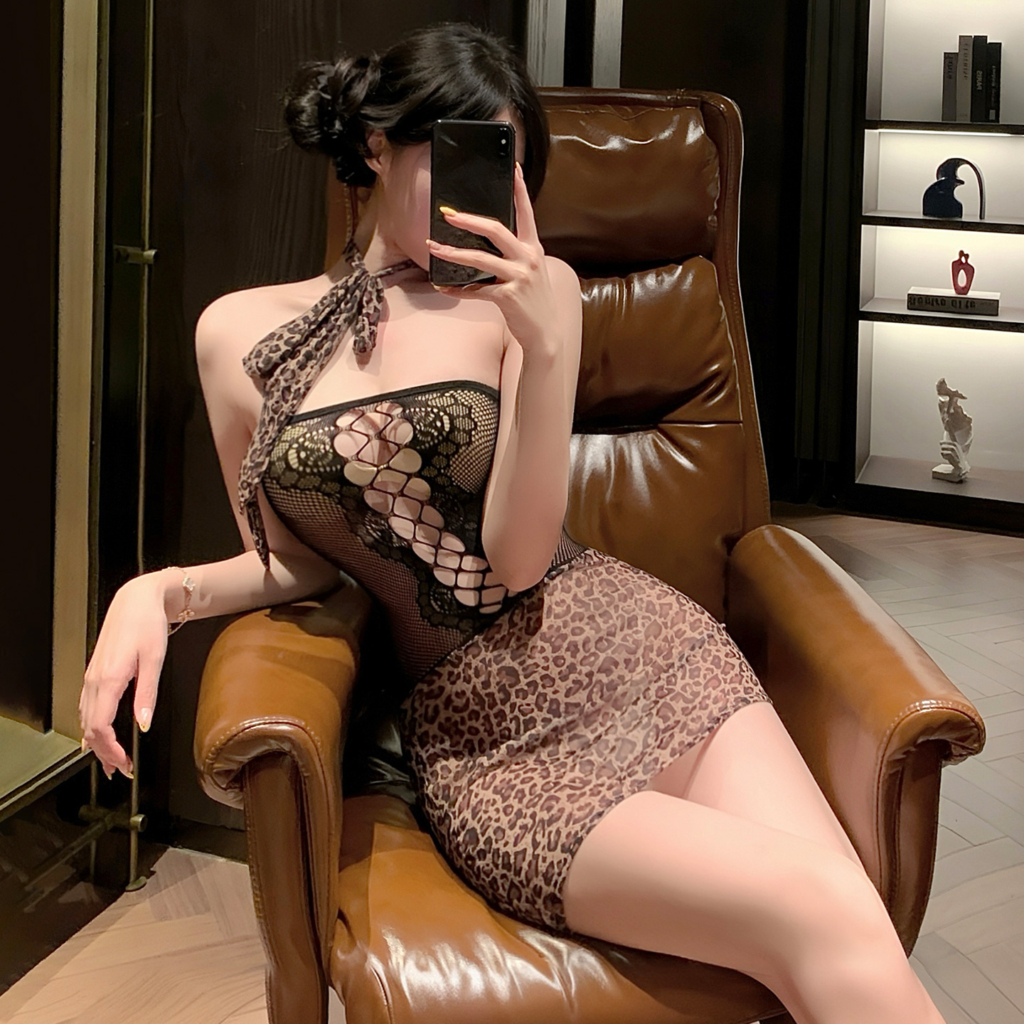 ZY90镂空露胸豹纹网衣制服裙(图7)