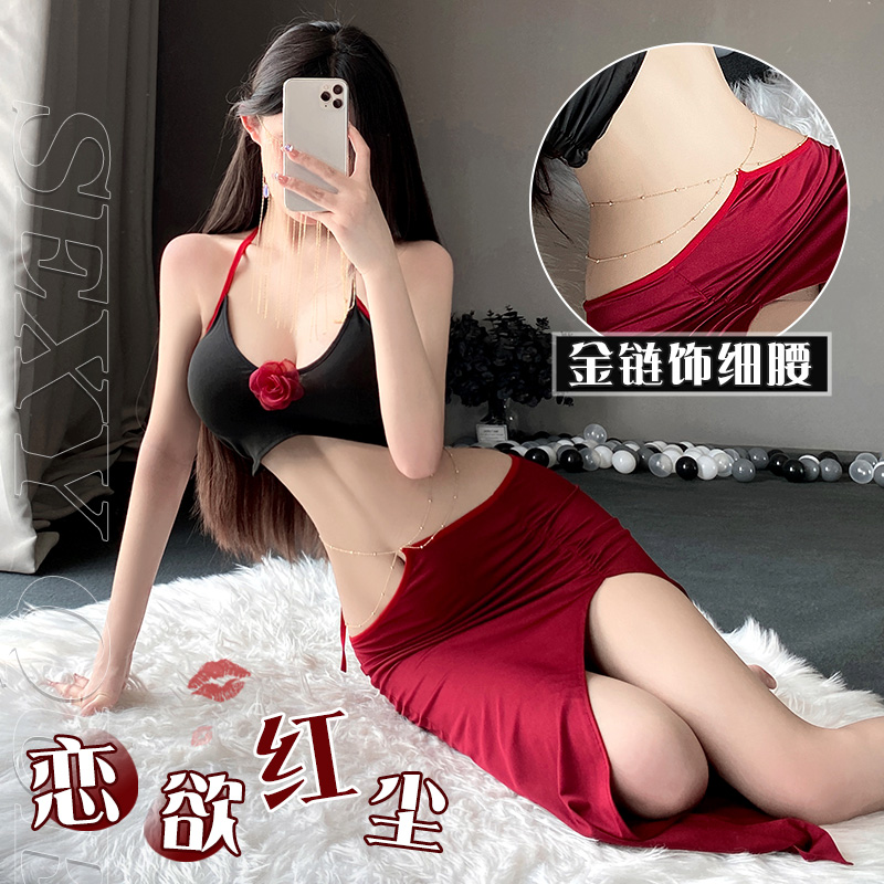 6615金链饰腰性感裸背套装(图2)