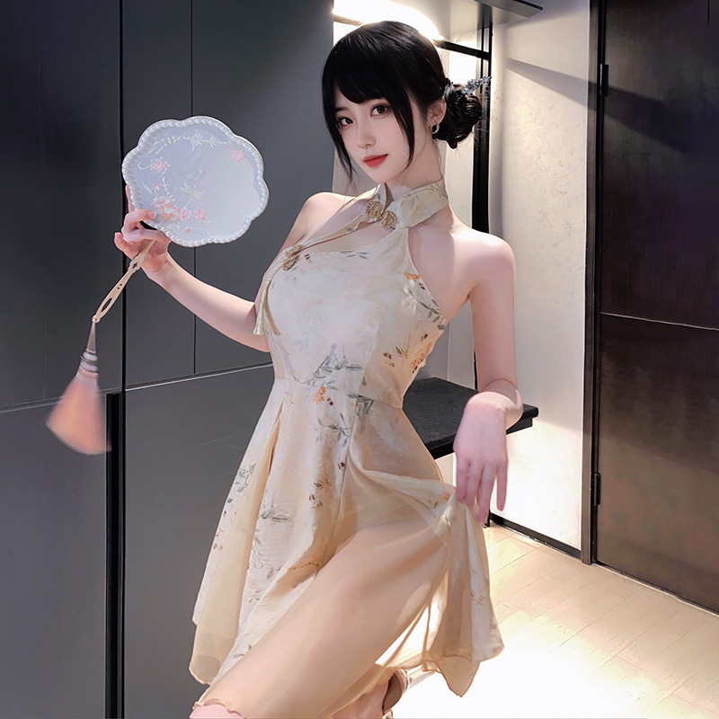 6246新中式A字露臀印花旗袍(图9)