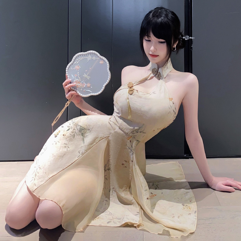 6246新中式A字露臀印花旗袍(图4)