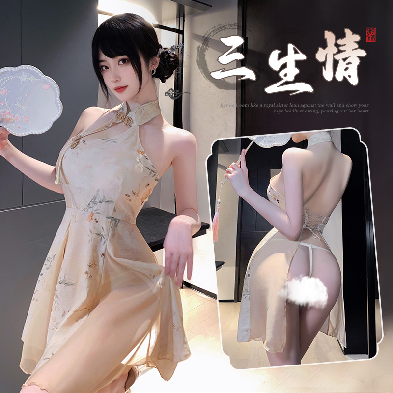 6246新中式A字露臀印花旗袍(图1)