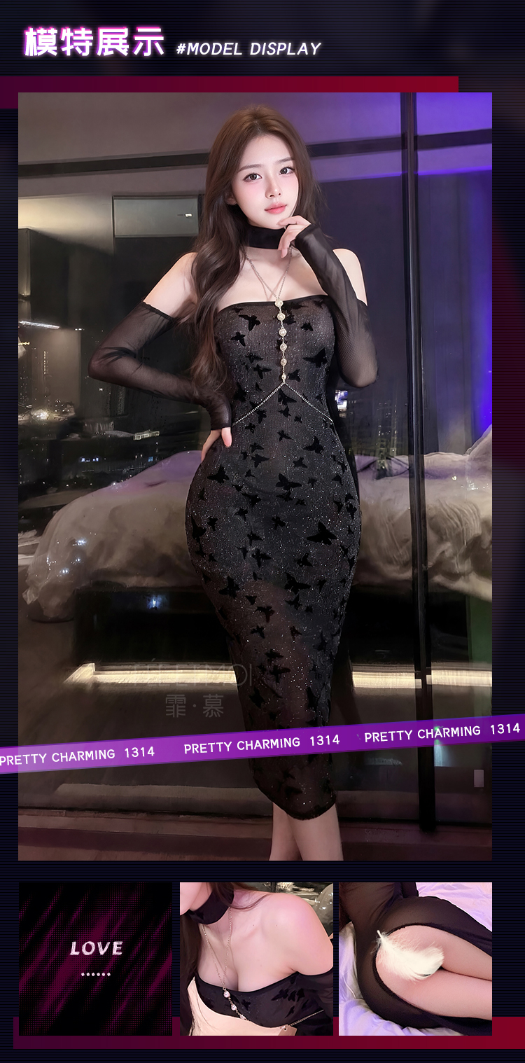 ZY128夜欲蝶影透肤开衩连衣裙(图6)