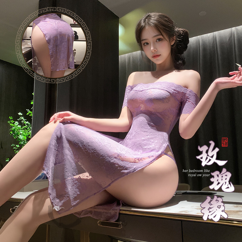 6713漫野玫瑰一字领透视旗袍(图1)